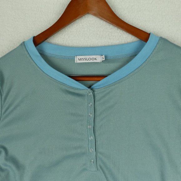 Mislook Womens Sweater Extra Large Blue Green Knit Ribbed Henley Lightweight - Picture 2 of 9
